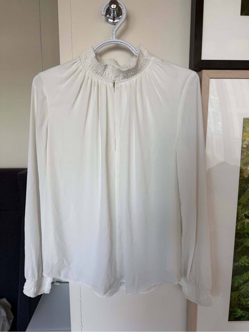 Aritzia Babaton White Keyhole Smocked-Neck Long-Sleeve Blouse